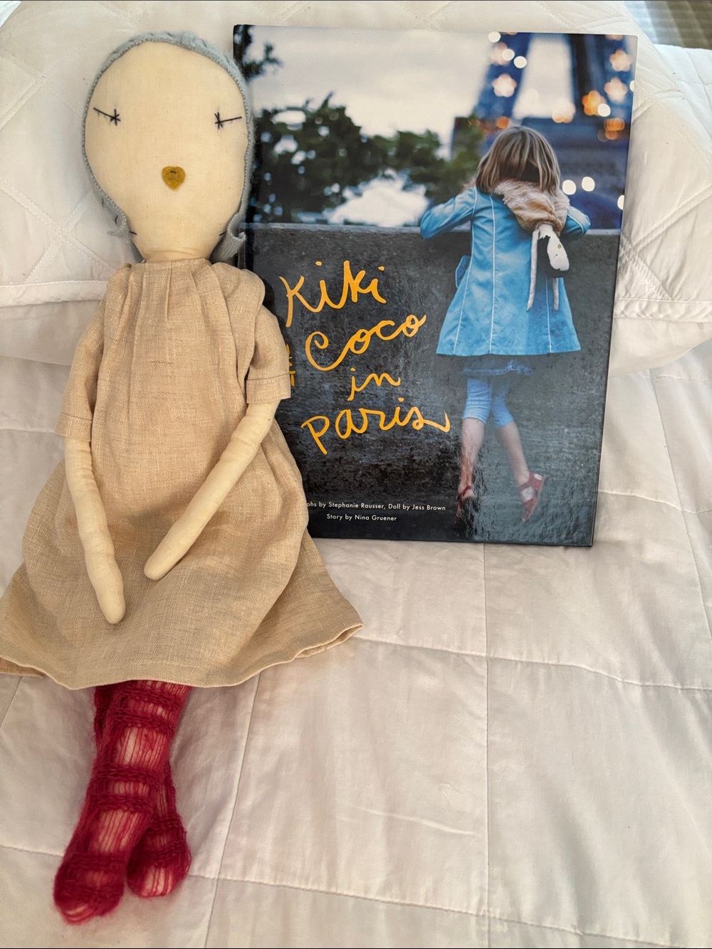 Jess Brown Doll handmade linen Doll pink leggings + Kiki & Coco in Paris book